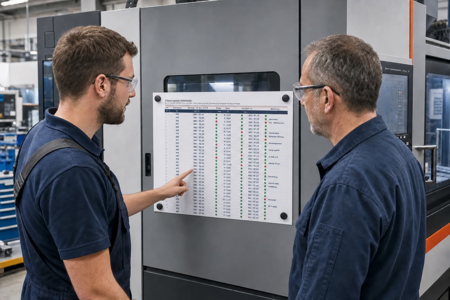 At the machine: the filled-in entry sheet makes the day's status visible as you walk past.