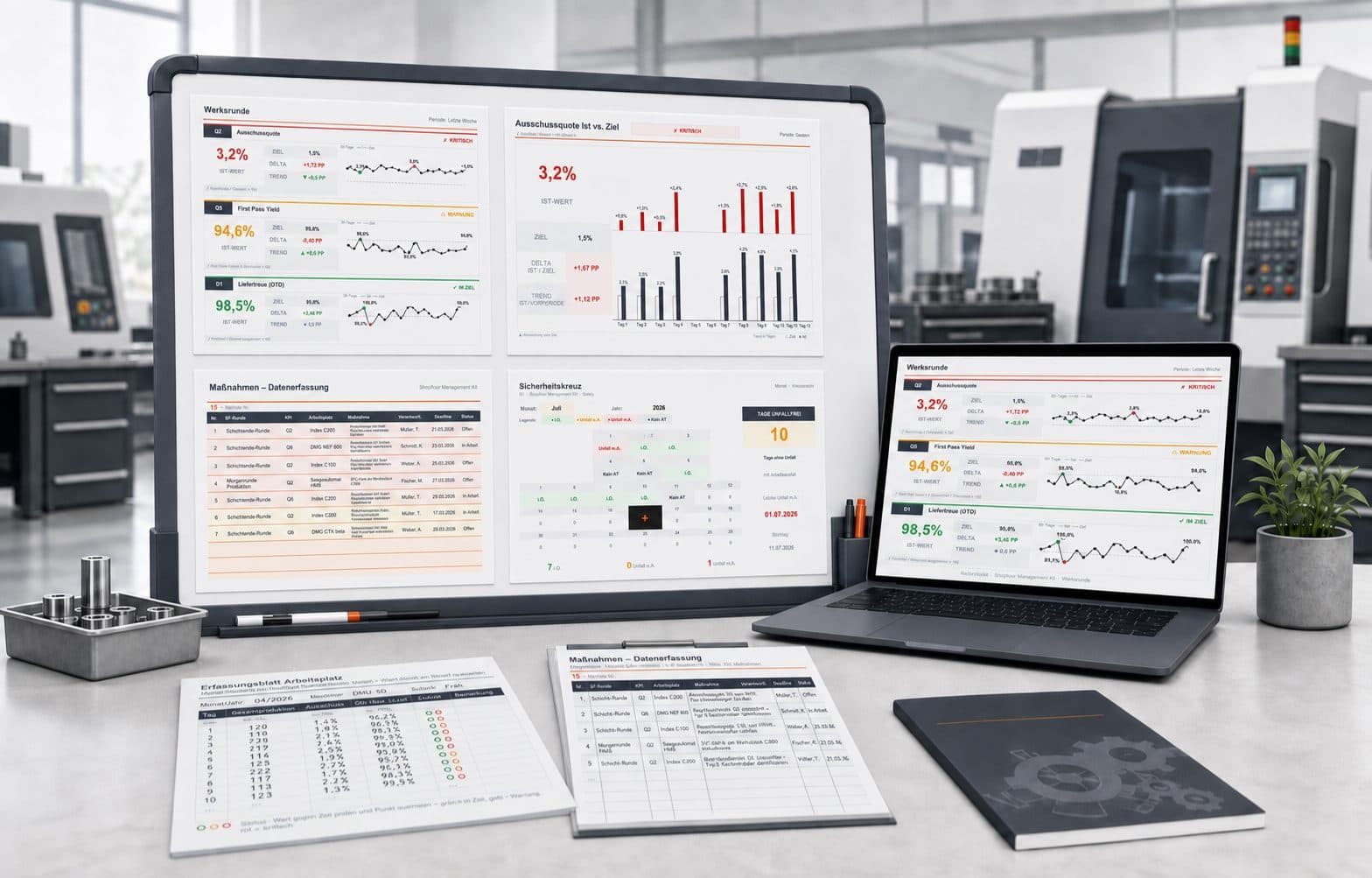 Shopfloor-Board mit vier A3-Ausdrucken aus dem Kit: Runden-Dashboard, KPI-Detailseite, Sicherheitskreuz und Maßnahmen-Tracking — daneben das Excel auf dem Laptop